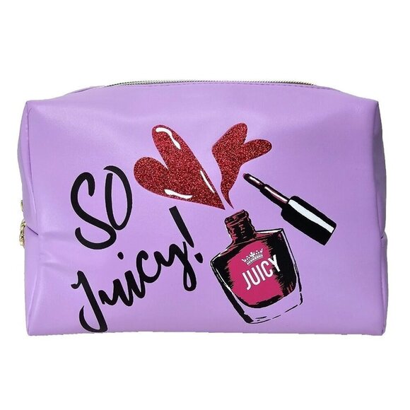 JUICY COUTURE PU Cosmetic Bag So Juicy Nail Polish Graphic Lilac Toiletry Bottle - Picture 1 of 12